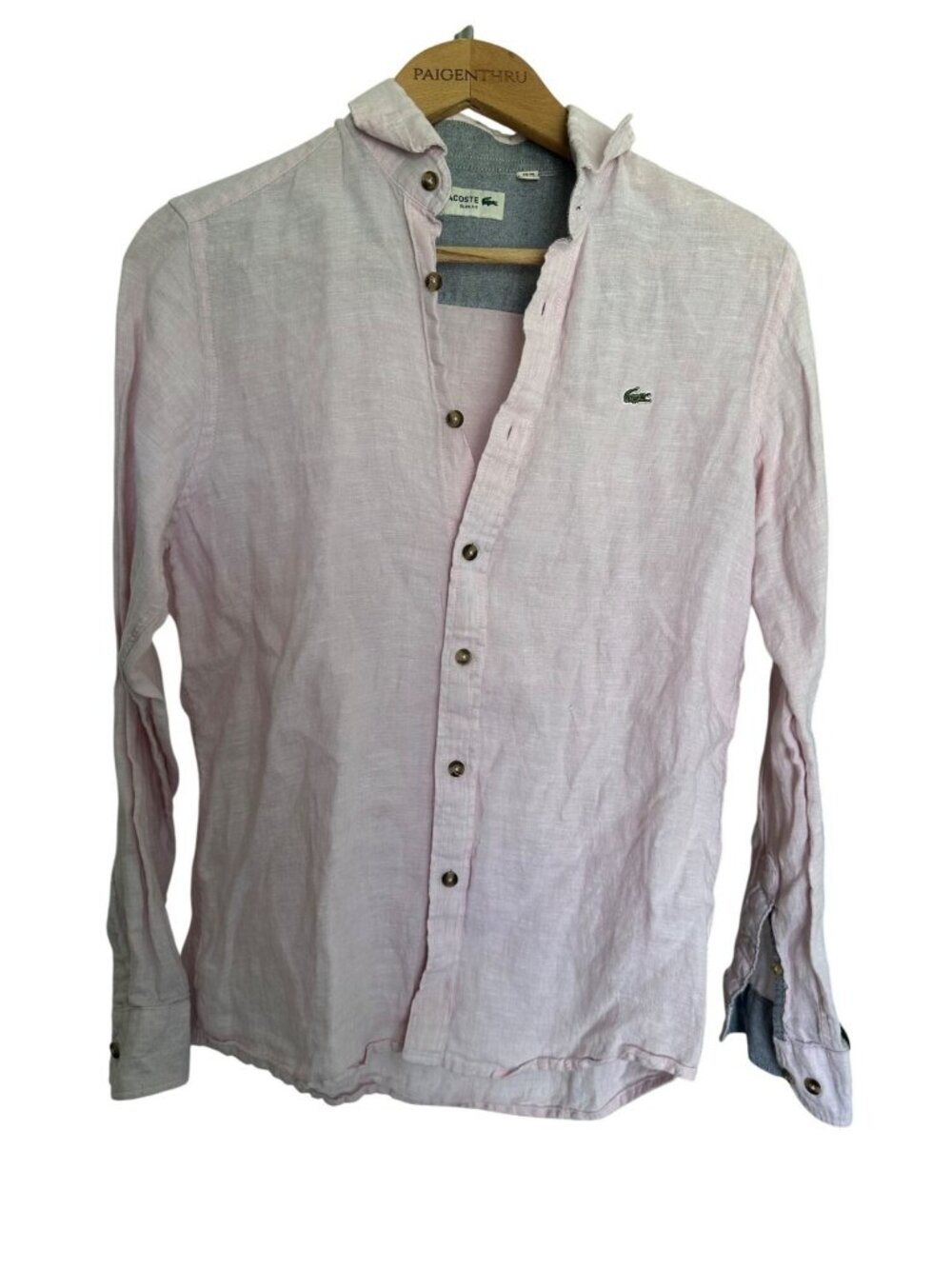 Lacoste Men's SM Slim Fit Linen Pink Button Down Shirt Gator Logo Preppy